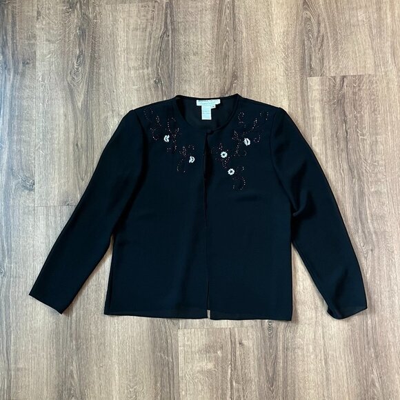 Adrianna Papell Evening Black Sheer Cardigan Blouse Beaded and Embroidered Sz PM - Picture 4 of 12
